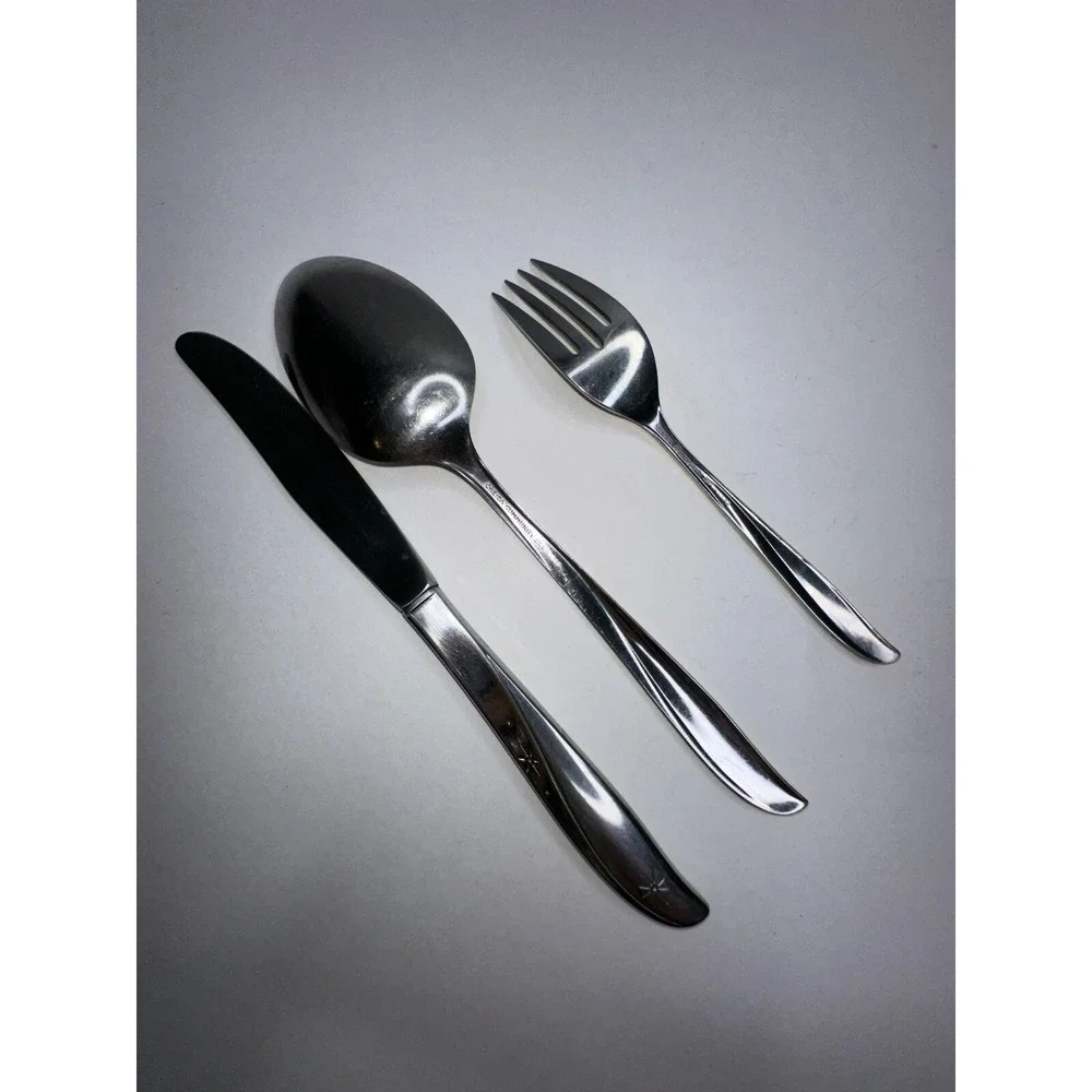 Oneida Community Twin Star MCM Serving Spoon Fork Knife Stainless Flatware  3 Pc